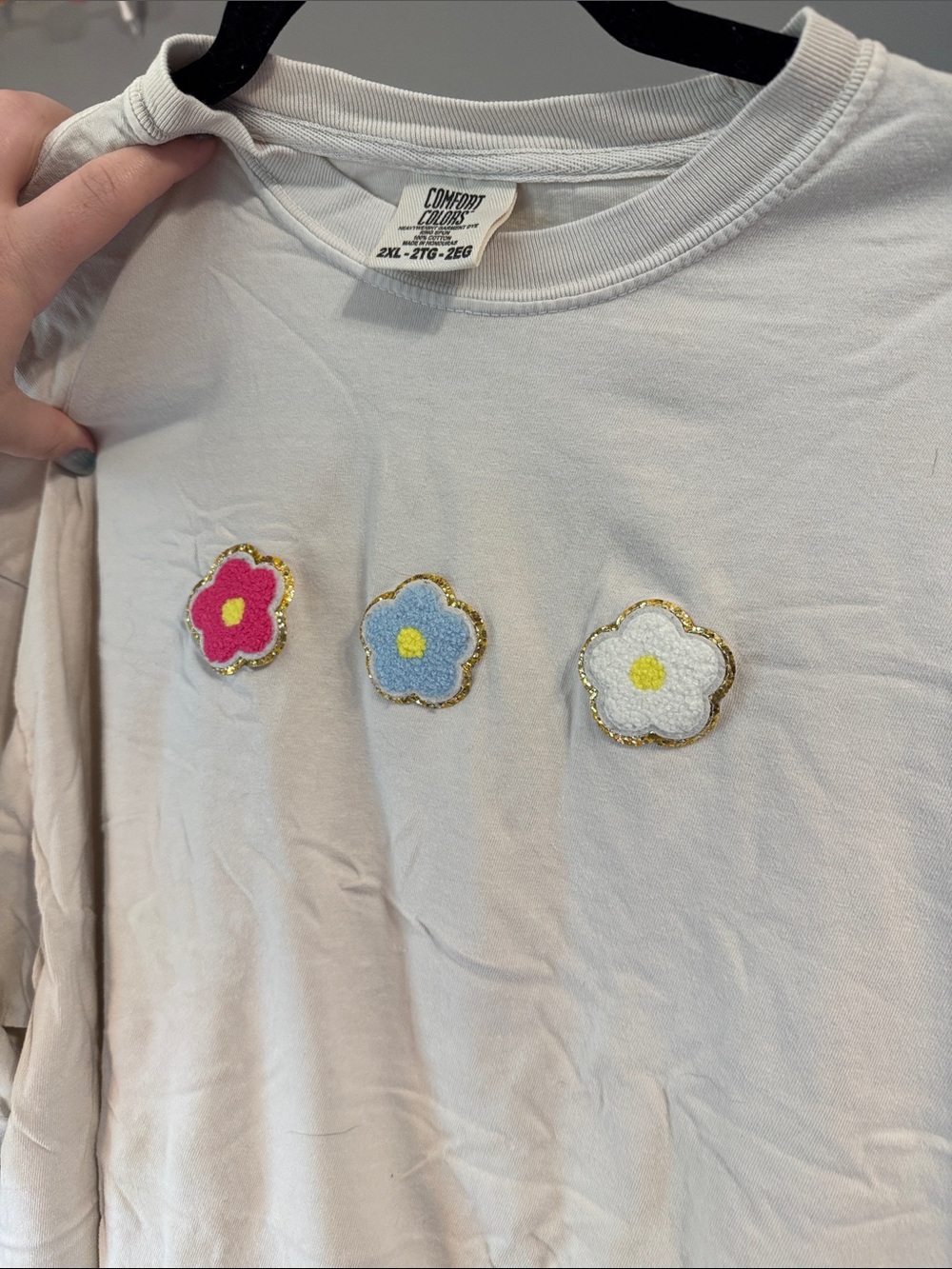 Comfort Colors Long Sleeve Tee with Pink, Blue & White Flower Appliqués